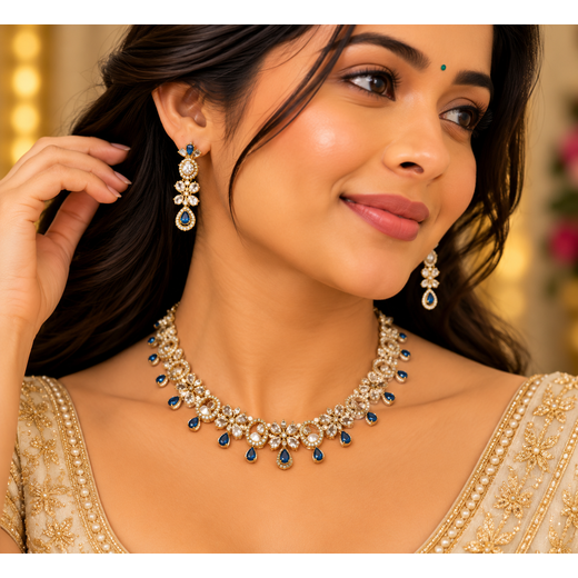 Gold-plated American Diamond Blue Stones Short Necklace - Image 4