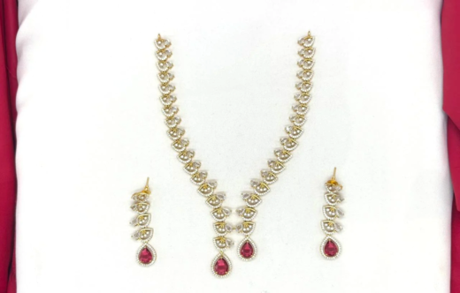 Emerald polki Red with American Diamond Drop Short Necklace