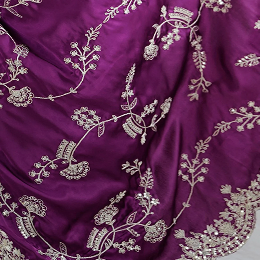 Dark Purple Satin Sequence Embroidery  Saree - Image 3