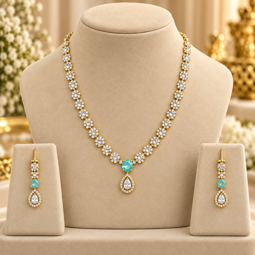 Victorian finishing floral design American Diamonds with Mint-Green Stone Short Necklace