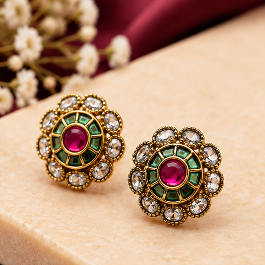 Matte Finish Multi Stones Studs Earring - Image 2