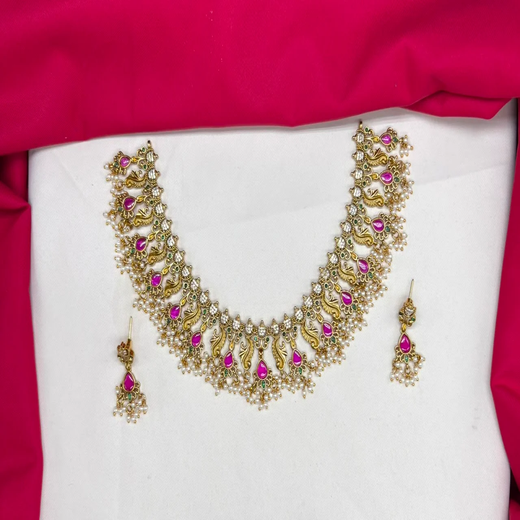 Matte finishing flower design with small white Pearls Short Necklace - Image 4