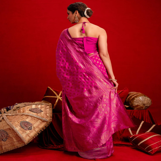 Dark Pink Silk Woven Banarasi Saree - Image 3