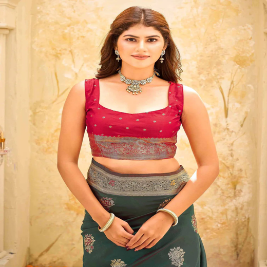 Green Silk Woven Banarasi Saree - Image 2