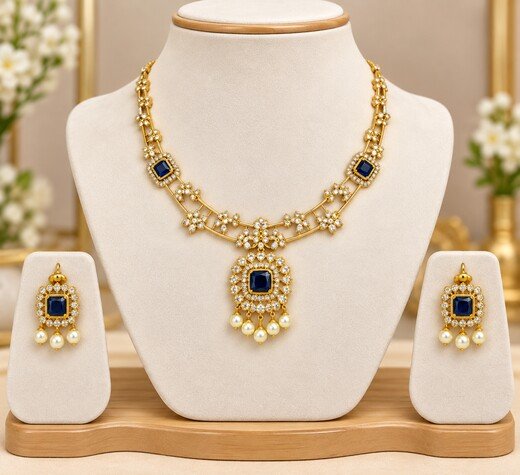 Matte finishing Blue stones with pearls short Necklace - Image 3