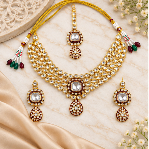 Gold-toned With maroon finish Kundan Stone heavy Choker - Image 3