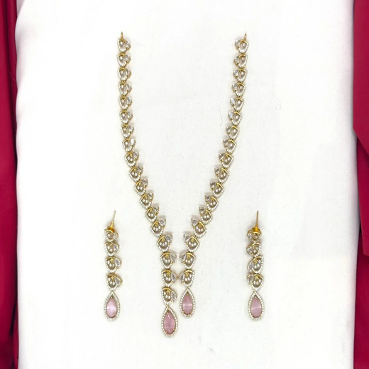 Emerald polki Baby-Pink with American Diamond Drop Short Necklace