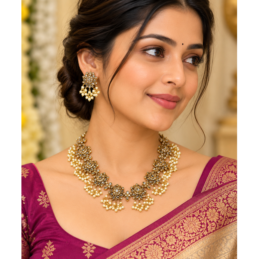 Gold finishing Flower Designed White Stones Short Necklace - Image 4