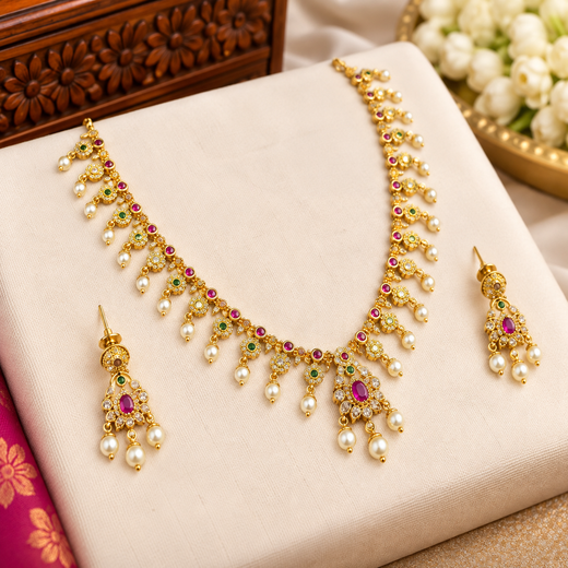 Mate finishing flower design green and pink stones with white pearls finish Short Necklace - Image 3