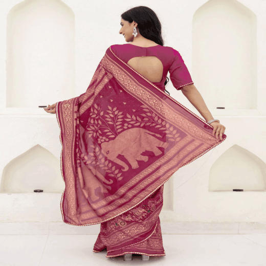 Rani Pink Silk Foil Printed Saree - Image 4