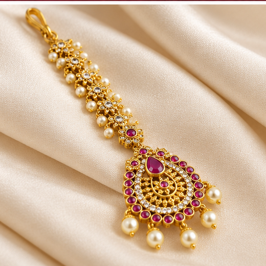 Matte Finishing Floral Pink Stones Maag Tikka - Image 3