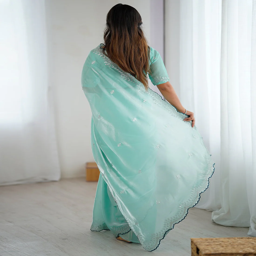 Sky Blue Tissue Silk Embroidery Saree - Image 4