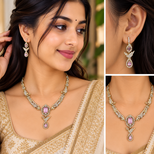 Peacock design with AD Baby-Pink Zircon & Moissanite Stones - Image 4