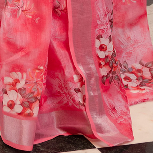 Ready To Wear Rose Pink Linen Woven Border Floral Printed Saree - Image 3