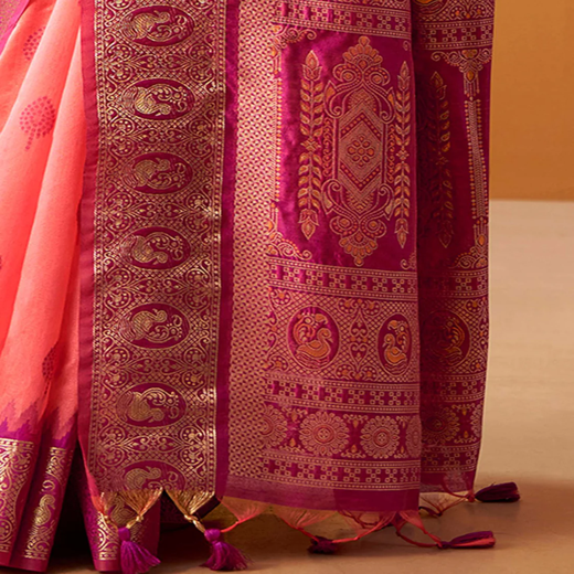 Coral Pink Silk Woven Kanjivaram Saree - Image 3