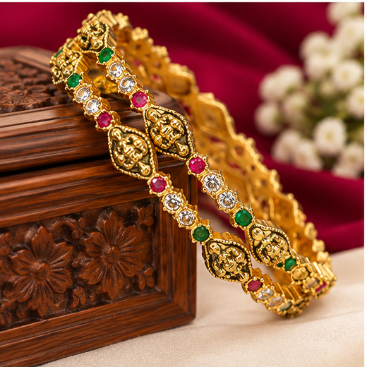 Matte Finishing With Lord Lakshmi White Stones Bangle - Image 3