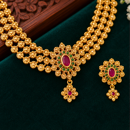 Traditional Gold-Plated Beaded Necklace Set with Matching Earrings - Image 3
