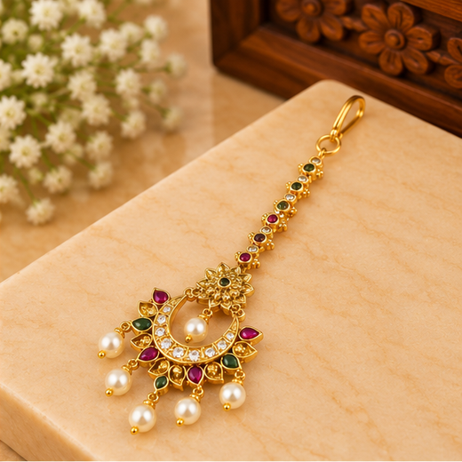 Matte Finishing With Red & Green Stones Maang-Tikka - Image 2