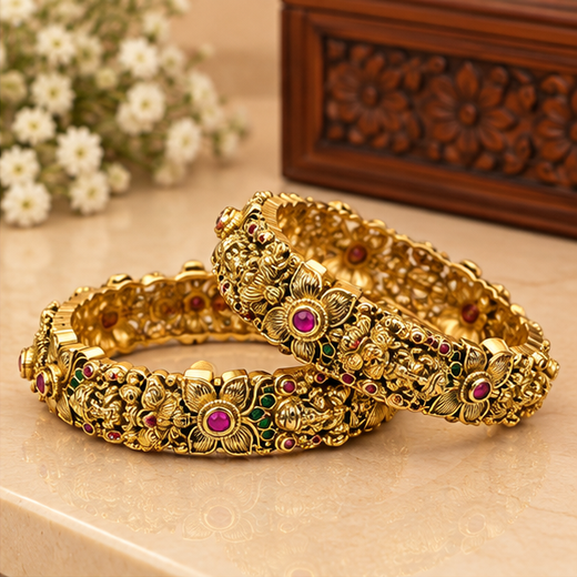 Matte Finishing Floral Motifs With Lord Lakshmi Stones Accents - Image 2