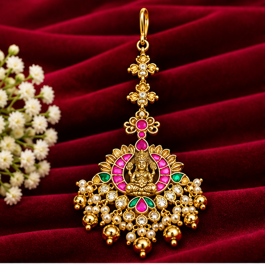 Jadau Kundan Finishing With Lord Lakshmi Design With Golden Balls Maang Tikka