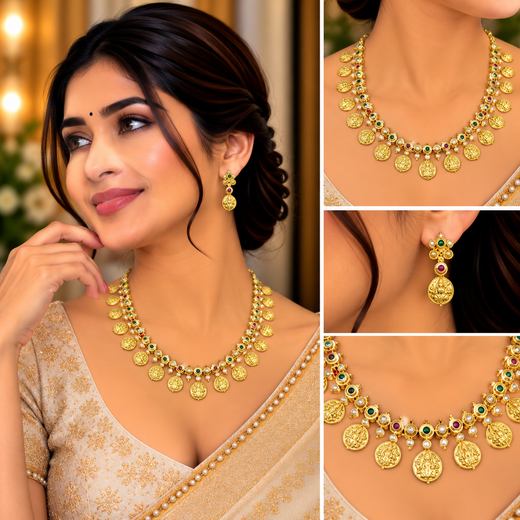 Matte finishing Lord Lakshmi designed with Multi-Stones Short Necklace - Image 4