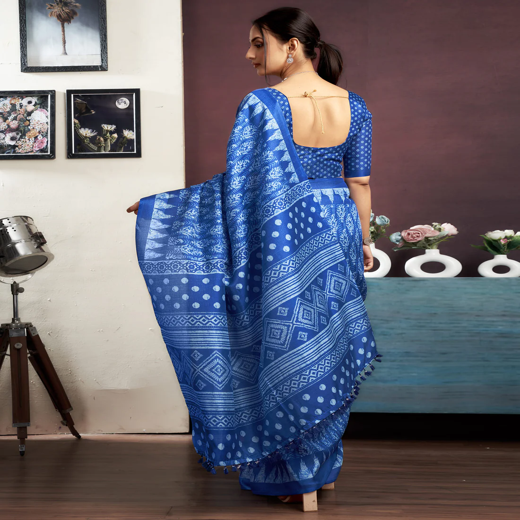 Indigo Cotton Blend Printed Saree - Image 4