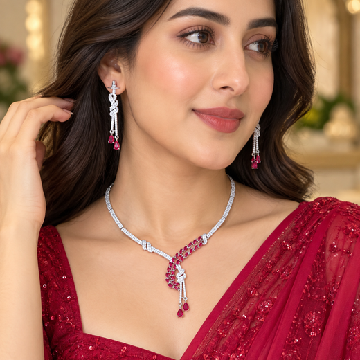 Silver American Diamonds Red stones Short Necklace