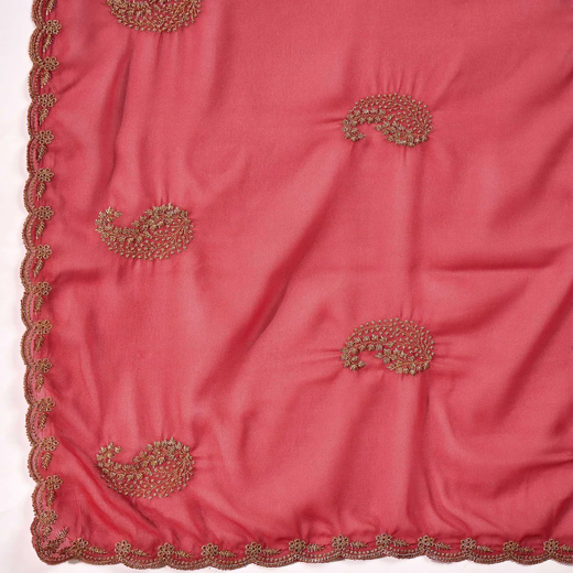 Coral Pink Shimmer Embroidery Saree - Image 3