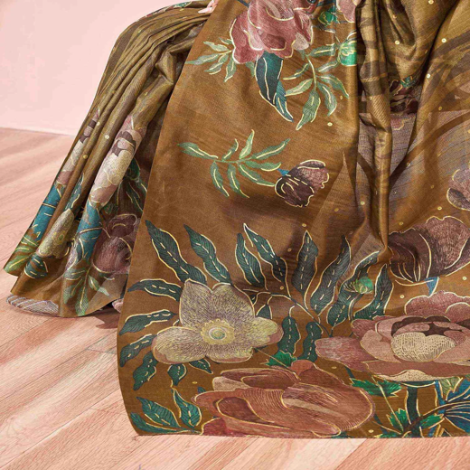 Ready To Wear Olive Green Silk Foil Printed Saree - Image 3