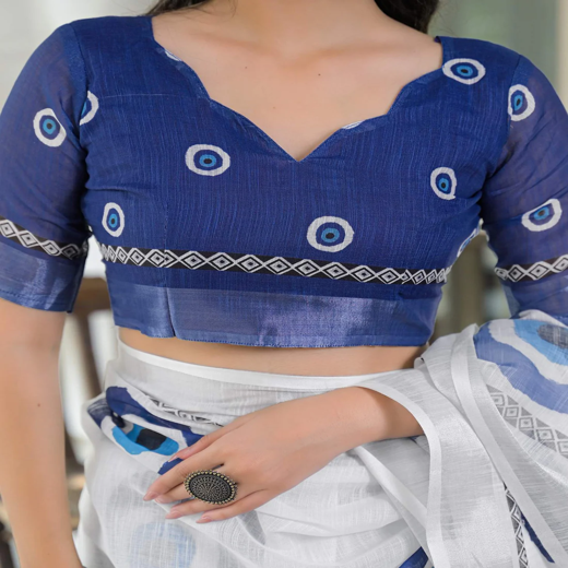 White Linen Printed Saree - Image 2