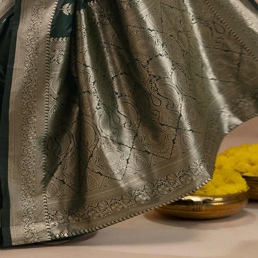 Bottle Green Silk Woven Banarasi Saree - Image 3