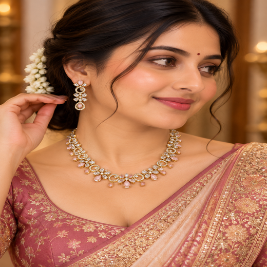 Gold-plated American Diamond Baby-Pink Stones Short Necklace - Image 4