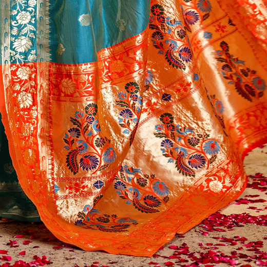 Teal Blue Silk Woven Paithani Saree - Image 3