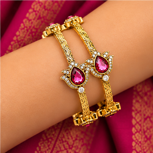 Victorian Finishing Red Stone Flower Designed Bangle - Image 4