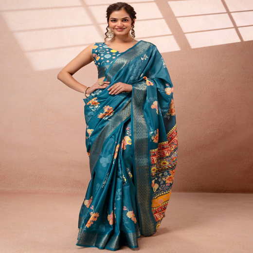 Teal Blue Silk Floral Printed Woven Border Saree