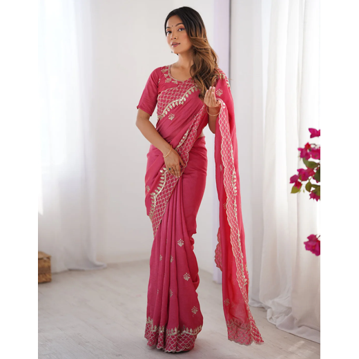 Rose Pink Silk Sequence Embroidery Saree