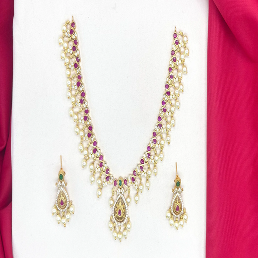 Matte finishing AD stone,pink stones and pearls Short Necklace - Image 2