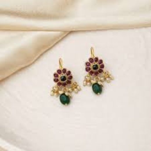 Kempu jadau Flower design dangling Purple stone drop Earring - Image 3