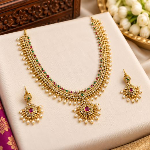 Matte finishing with multi-stones with white pearls short Necklace - Image 4