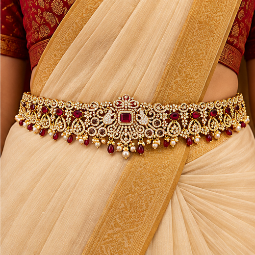 Victorian Finishing With Purple Stones And Peacock Deigned Chain Vaddanam - Image 4