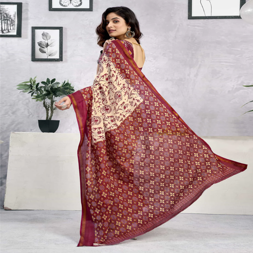Ready To Wear Light Beige Cotton Warli Printed Saree - Image 4