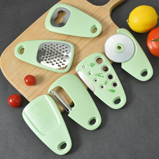 Set of 6 Kitchen Tools, Camping Kitchen Gadgets Cheese Grater, Pizza Cutter, Bottle Opener, Vegetable Peeler, Garlic Grinder Herb Stripper