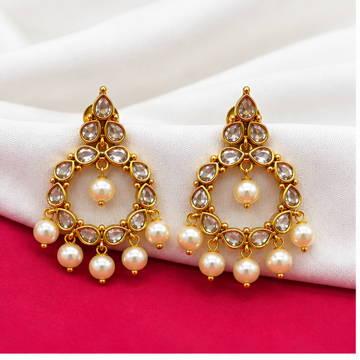 Matte Finishing Ad Stone Pearls Chandbali Earrings.