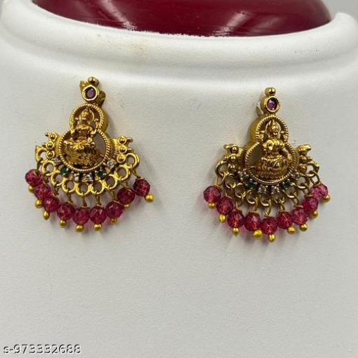 Gold-finisg Gaja Lakshmi antique red bead drop earring - Image 3