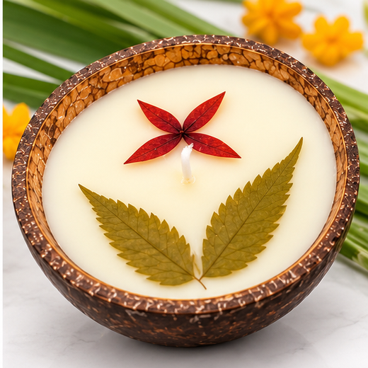 Scented Candles With Flowers & Leaf Decoration In Nariyal (Mix Size) - 1 Piece 🥥🕯️ - Image 2