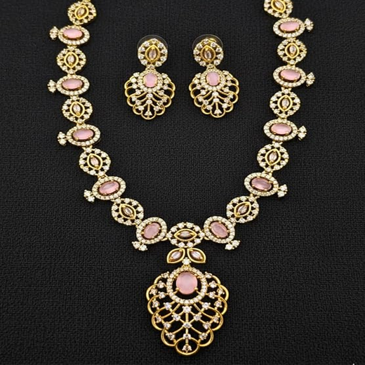 Matte finishing Baby-Pink Leaf Designed with stones Short Necklace - Image 4