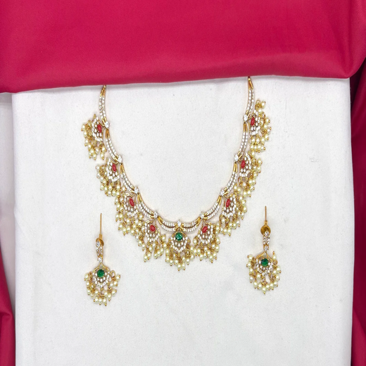 Matte finishing American Diamonds with Coral Beads stones and Guttapusalu Short Necklace - Image 2