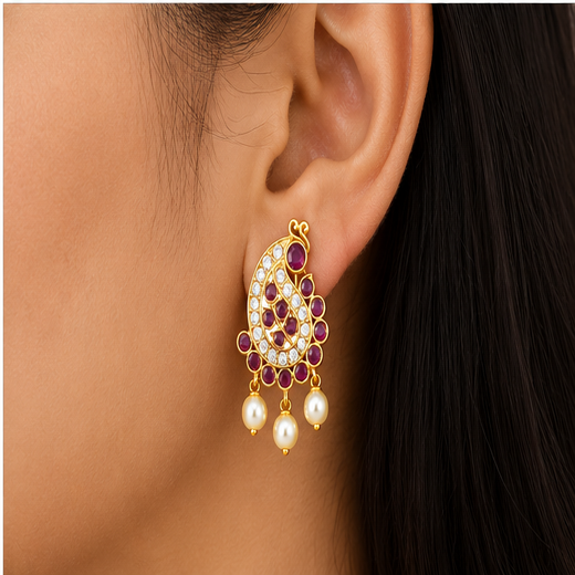 Kempu-Stone's With Peacock Designed Earring - Image 4