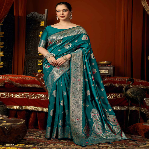 Peacock Blue Silk Woven Banarasi Saree
