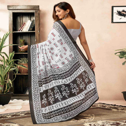 Ready To Wear White Cotton Printed Saree - Image 4